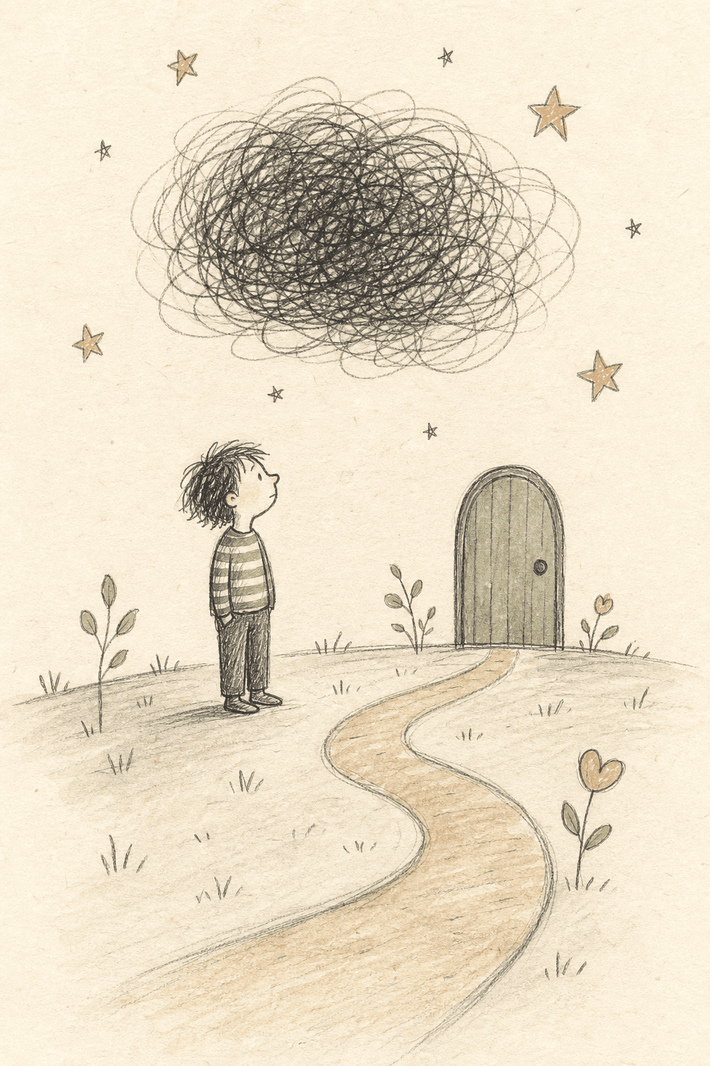 A pencil drawing of a child looking at a scribble cloud and a small door at the end of a winding path.